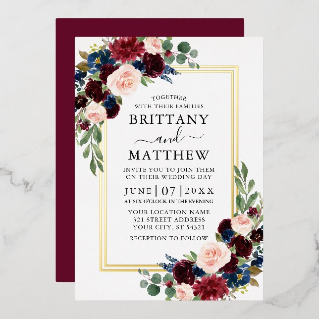 Invitación Con Relieve Metalizado Boda floral acuarela Borgoña 2 marco dorado (Anverso/Reverso)