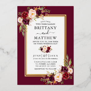 Invitación Con Relieve Metalizado Boda Floral Acuarela Burgundy 2 Marco Dorado