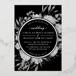Invitación Con Relieve Metalizado Boda floral acuarela de plata negro y blanco