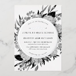 Invitación Con Relieve Metalizado Boda floral acuarela de plata negro y blanco