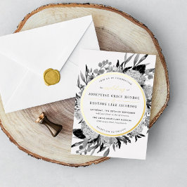 Invitación Con Relieve Metalizado Boda floral acuarela en blanco y negro moderno