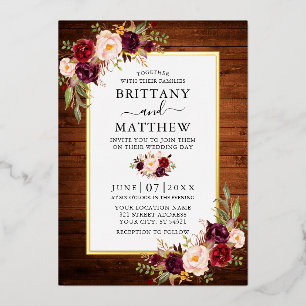 Invitación Con Relieve Metalizado Boda Floral Acuarela Madera Rústica Dorada