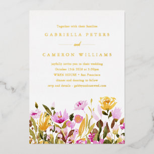 Invitación Con Relieve Metalizado Boda floral acuarela rosa amarilla caprichosa