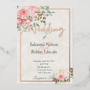 Invitación Con Relieve Metalizado Boda floral acuarela rosa rubor