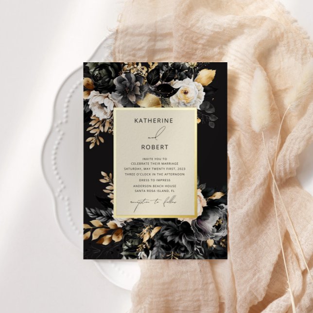 Invitación Con Relieve Metalizado Boda floral acuático Black Gold (Subido por el creador)
