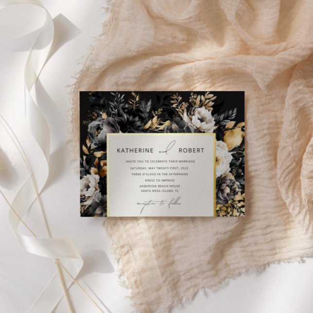 Invitación Con Relieve Metalizado Boda floral acuático Black Gold (Subido por el creador)