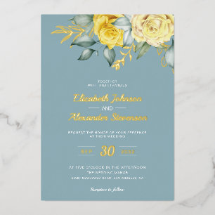 Invitación Con Relieve Metalizado Boda floral amarilla elegante con vegetación azul 