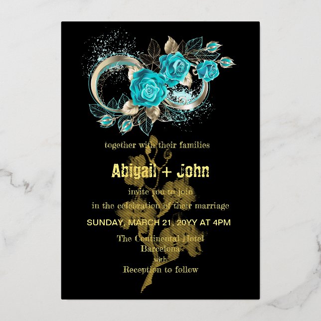 Invitación Con Relieve Metalizado Boda floral Aqua (Anverso)