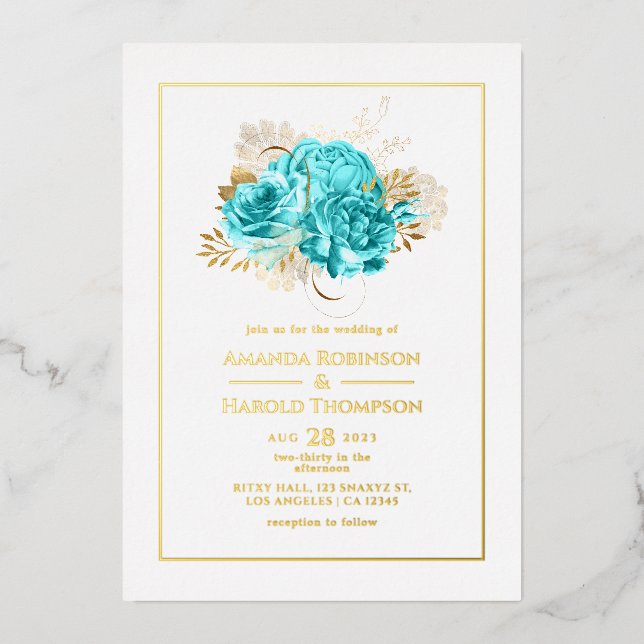 Invitación Con Relieve Metalizado Boda floral Aqua Blue and Gold (Anverso)