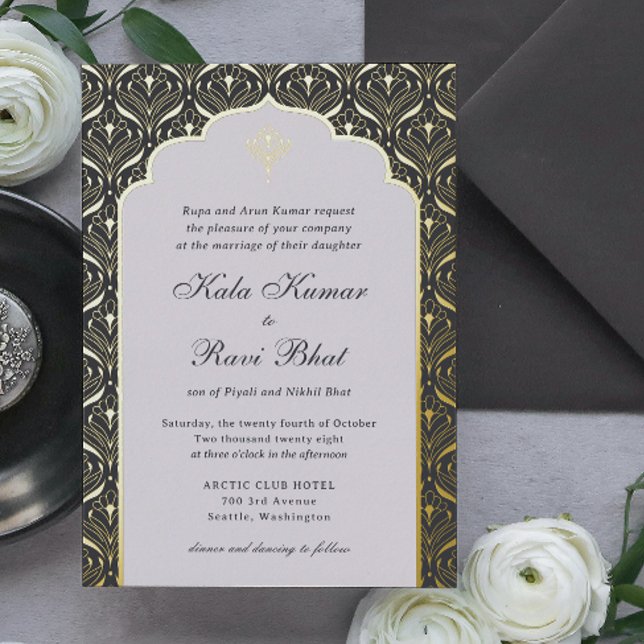 Invitación Con Relieve Metalizado Boda floral Art Deco Lotus Gold (hindu wedding invitation, indian wedding invitation, gold foil art deco wedding invite, mundap arch)