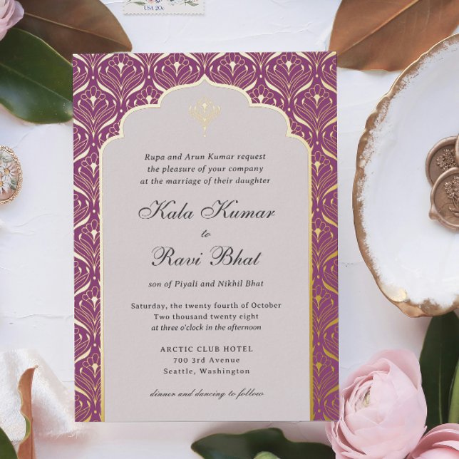 Invitación Con Relieve Metalizado Boda floral Art Deco Lotus Gold (Indian wedding invitation, art deco wedding invitation, hindu wedding invitation, gold foil mundap)
