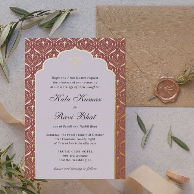 Invitación Con Relieve Metalizado Boda floral Art Deco Lotus Gold (art deco lotus gold foil hindu mundap arch indian wedding invitation)