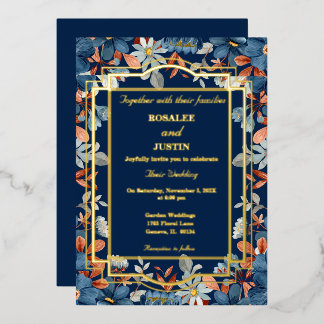 Invitación Con Relieve Metalizado Boda Floral Azul