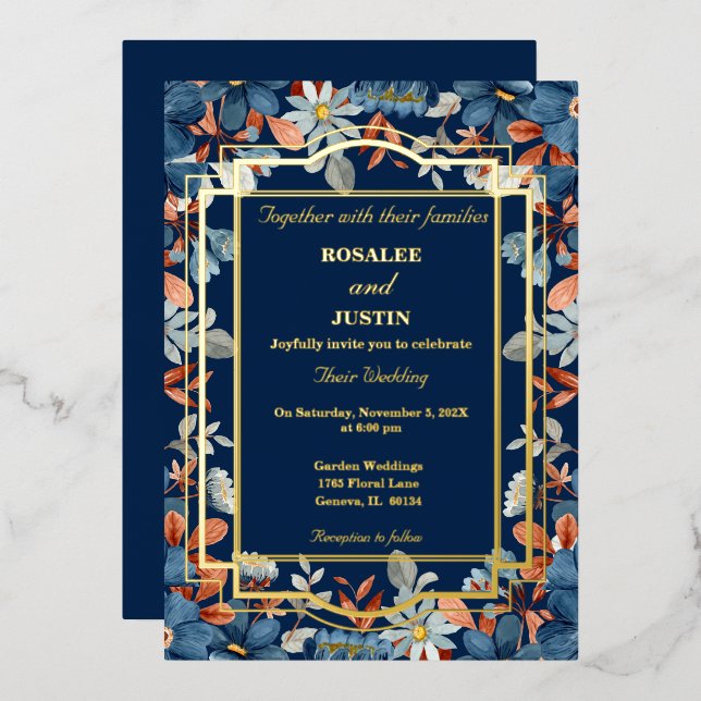 Invitación Con Relieve Metalizado Boda Floral Azul (Anverso/Reverso)