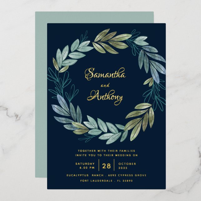 Invitación Con Relieve Metalizado Boda floral azul de la Marina moderna (Anverso/Reverso)