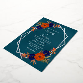 Invitación Con Relieve Metalizado Boda floral azul de la Marina Naranja de otoño rus