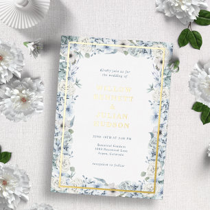 Invitación Con Relieve Metalizado Boda Floral Azul Dorado