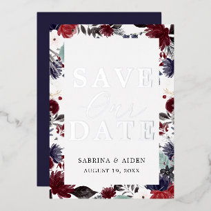 Invitación Con Relieve Metalizado Boda floral azul marino borgoña Save The Date