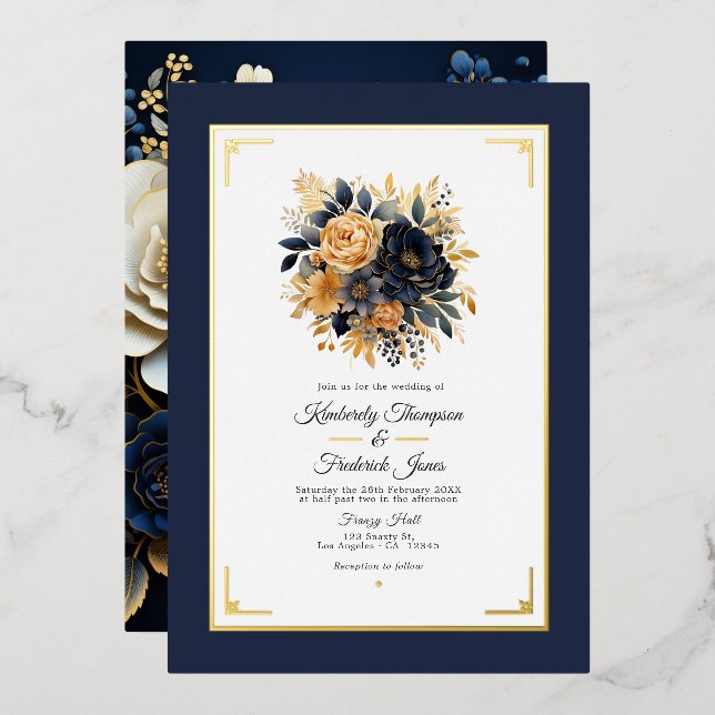 Invitación Con Relieve Metalizado Boda floral azul marino y dorado (Anverso/Reverso)