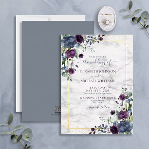 Invitación Con Relieve Metalizado Boda Floral Azul Polvoriento Púrpura Dorado