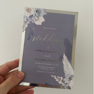 Invitación Con Relieve Metalizado Boda floral azul turbio plateado