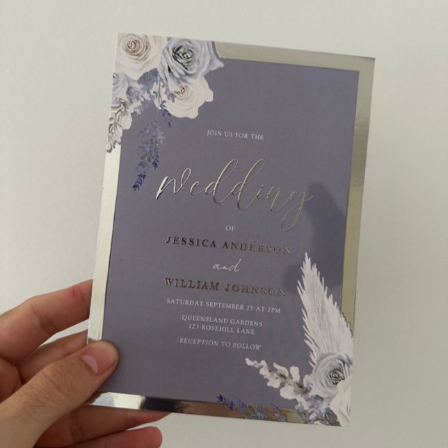 Invitación Con Relieve Metalizado Boda floral azul turbio plateado (Subido por el creador)