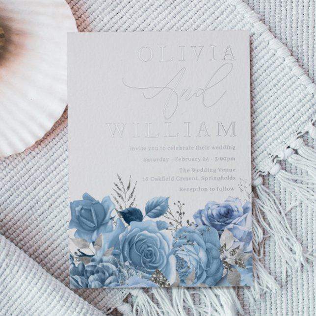 Invitación Con Relieve Metalizado Boda floral azul y plateado moderno (Subido por el creador)