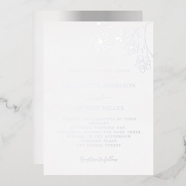 Invitación Con Relieve Metalizado Boda floral blanca plateada elegante (Anverso/Reverso)