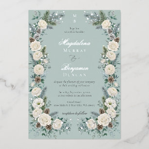 Invitación Con Relieve Metalizado Boda floral blanca y vegetación invernal elegante