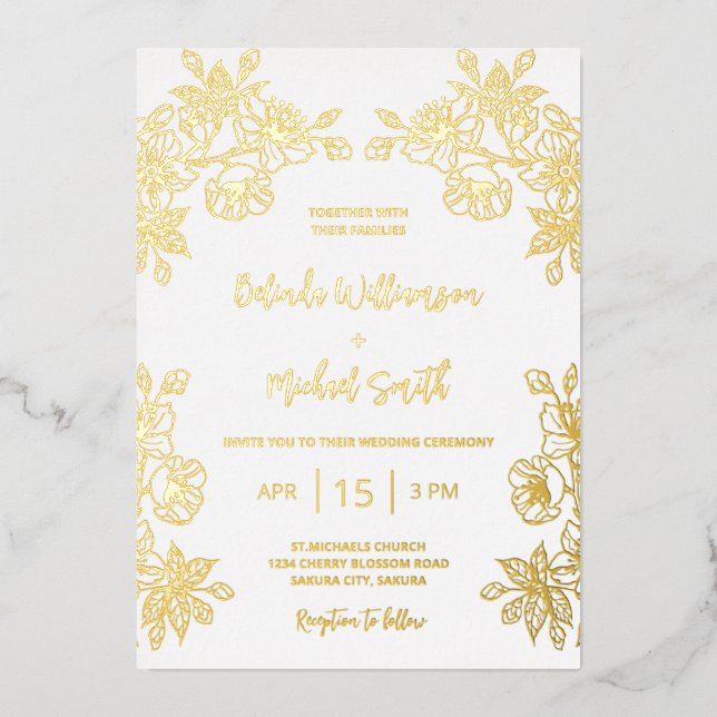 Invitación Con Relieve Metalizado Boda floral blanco dorado (Anverso)