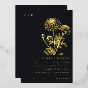 Invitación Con Relieve Metalizado Boda Floral Boceto de Marigold en Blanco y Negro