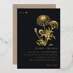 Invitación Con Relieve Metalizado Boda Floral Boceto de Marigold en Blanco y Negro