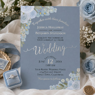 Invitación Con Relieve Metalizado Boda Floral Boho Aquarela Azul Polvoriento Plata