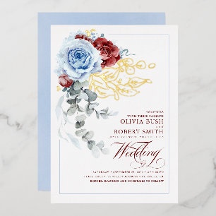 Invitación Con Relieve Metalizado Boda Floral Boho de Azul Polvoriento y Rojo Burdeo