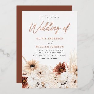 Invitación Con Relieve Metalizado Boda floral boho terracota y blanco