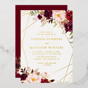 Invitación Con Relieve Metalizado Boda floral borgoña marco dorado geométrico
