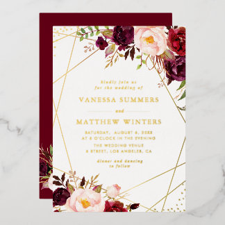 Invitación Con Relieve Metalizado Boda floral borgoña marco dorado geométrico