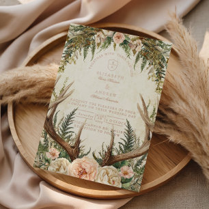 Invitación Con Relieve Metalizado Boda Floral Bosque de Cuerna Rústica
