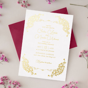 Invitación Con Relieve Metalizado Boda floral botánica artística de lujo de paisley