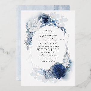 Invitación Con Relieve Metalizado Boda floral botánica de azul polvoriento plateado 