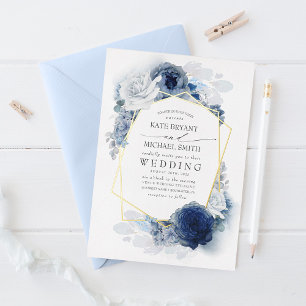 Invitación Con Relieve Metalizado Boda floral botánica de azul polvoriento y blanco