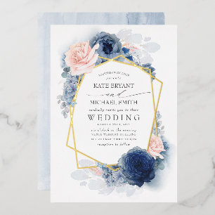 Invitación Con Relieve Metalizado Boda floral botánica de azul polvoriento y rosa