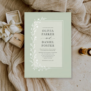 Invitación Con Relieve Metalizado Boda floral botánica verde salvia en plata