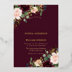 Invitación Con Relieve Metalizado Boda Floral Burgundy Dorado Brillo Real