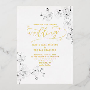 Invitación Con Relieve Metalizado Boda floral clásico formal de orquídeas de marfil