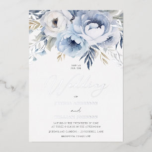 Invitación Con Relieve Metalizado Boda floral con destellos en azul polvoriento y pl