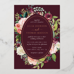 Invitación Con Relieve Metalizado Boda floral con follaje de rosa dorada y rubor de 