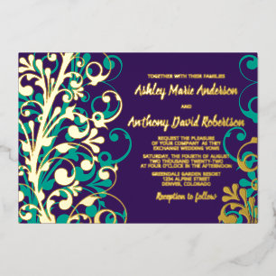 Invitación Con Relieve Metalizado Boda floral con hoja de oro real púrpura turquesa