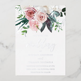Invitación Con Relieve Metalizado Boda floral con papel de plata y rubor