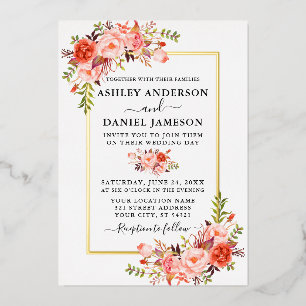 Invitación Con Relieve Metalizado Boda Floral Coral Acuarela Elegante Dorado